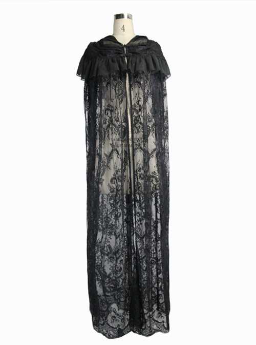 Gothic Halloween Black Lace Witch Perspective Hooded Long Cloak