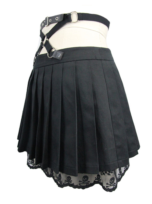 Gothic Black Skull Lace Super Short Pleated Skirt