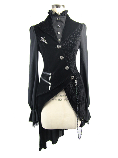 Black Slim Tuxedo Asymmetrical Hem Gothic Coat