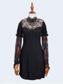 Steampunk Gothic Black Lace Embroidery Long T-shirt With Lace Oversleeves