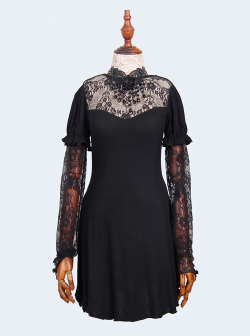 Steampunk Gothic Black Lace Embroidery Long T-shirt With Lace Oversleeves