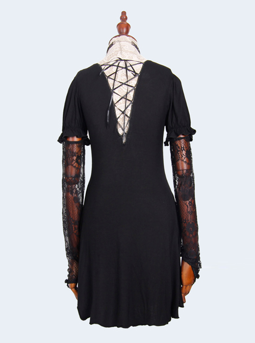 Steampunk Gothic Black Lace Embroidery Long T-shirt With Lace Oversleeves