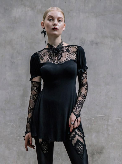 Steampunk Gothic Black Lace Embroidery Long T-shirt With Lace Oversleeves