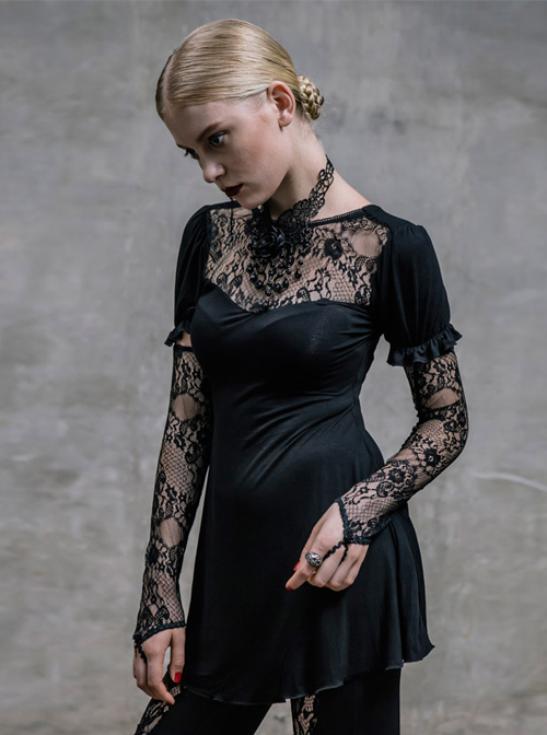 Steampunk Gothic Black Lace Embroidery Long T-shirt With Lace Oversleeves