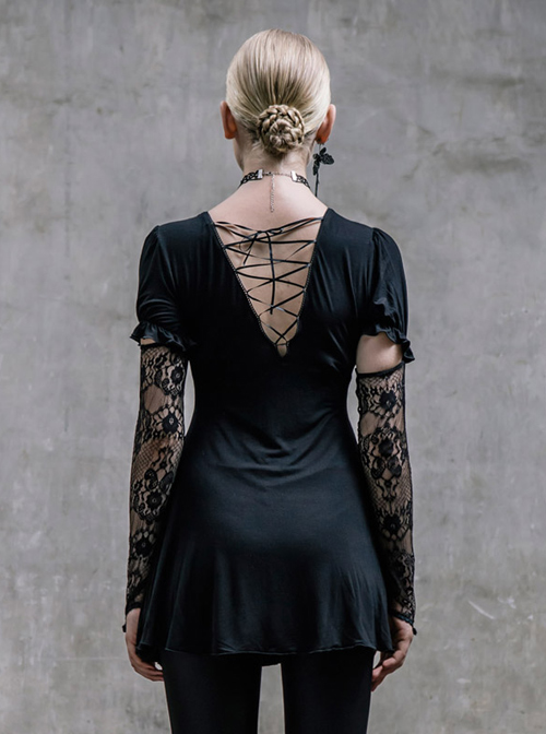 Steampunk Gothic Black Lace Embroidery Long T-shirt With Lace Oversleeves