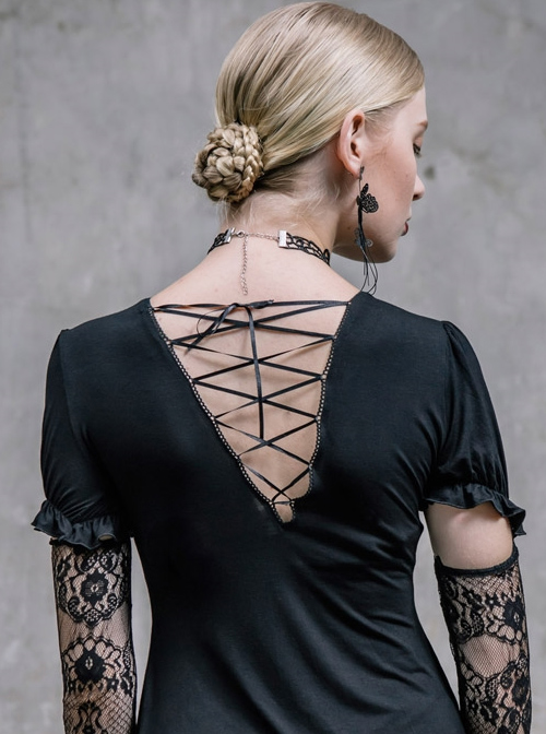 Steampunk Gothic Black Lace Embroidery Long T-shirt With Lace Oversleeves