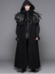 Detachable Feathered Shawl Hooded Thickened Men's Long Coat