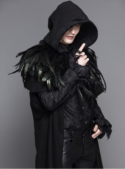 Detachable Feathered Shawl Hooded Thickened Men's Long Coat