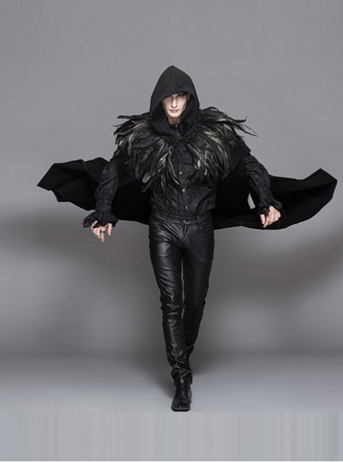 Detachable Feathered Shawl Hooded Thickened Men's Long Coat