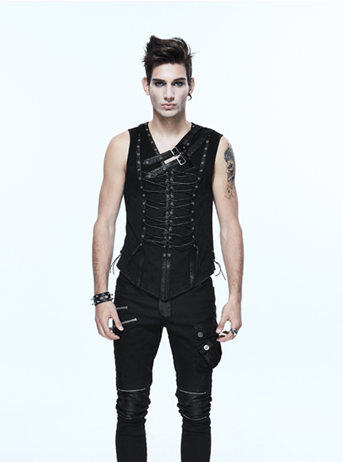 Steampunk Black Lace-up Slim Fit Sleeveless T-shirt