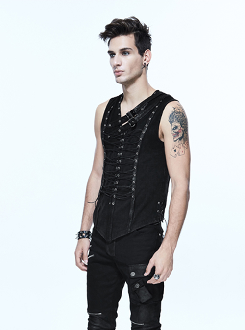 Steampunk Black Lace-up Slim Fit Sleeveless T-shirt