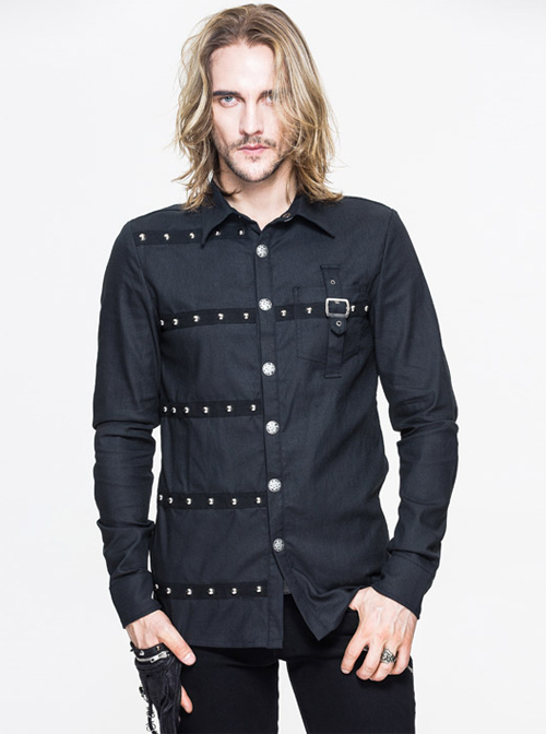 Steampunk Metal Buttons Black Pure Cotton Men's Long Sleeve Shirt