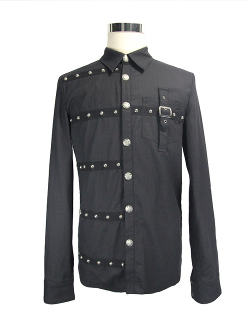 Steampunk Metal Buttons Black Pure Cotton Men's Long Sleeve Shirt