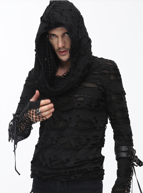 Black Hooded Hollowed Out Element Men' Long Sleeve T-shirt