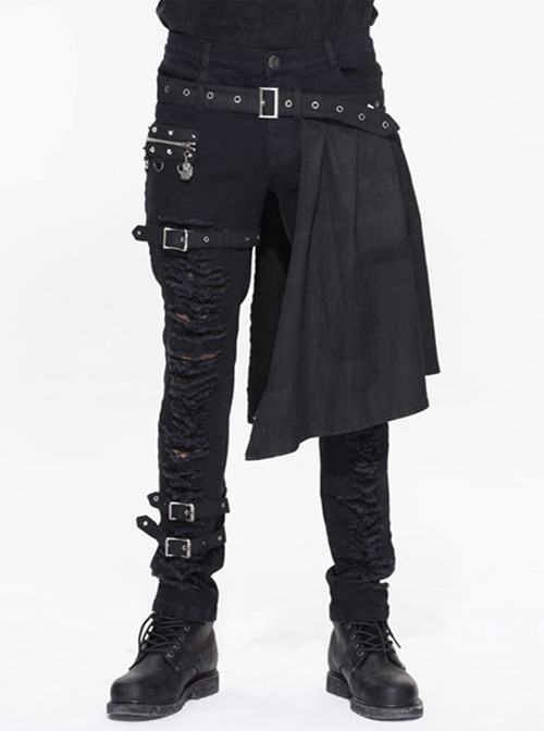 Steampunk Black Slim Gothic Detachable Waistband Men' Ripped Trousers