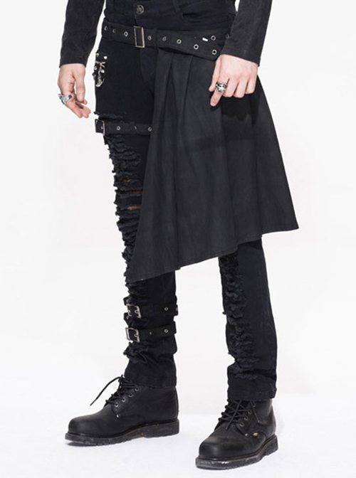 Steampunk Black Slim Gothic Detachable Waistband Men' Ripped Trousers