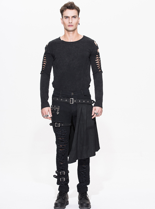 Steampunk Black Slim Gothic Detachable Waistband Men' Ripped Trousers