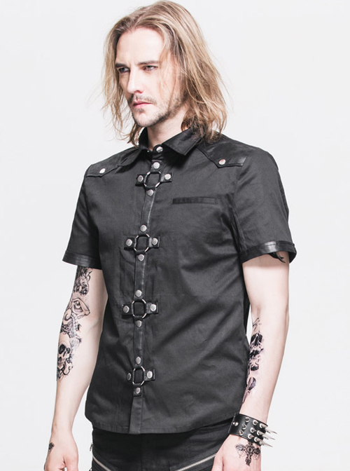 Steampunk Visual Gothic Men' Black Slim Short Sleeve Shirt