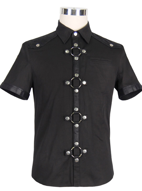 Steampunk Visual Gothic Men' Black Slim Short Sleeve Shirt