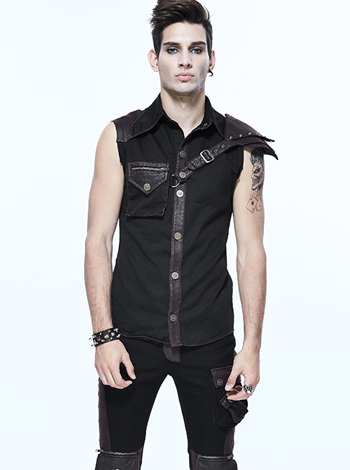 Gothic Rock Lapel Slim Black Or Brown Metal Decoration Men's Sleeveless Shirt