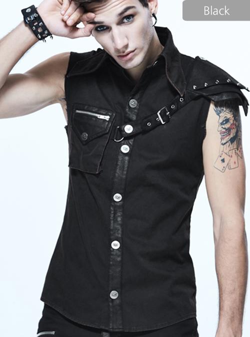 Gothic Rock Lapel Slim Black Or Brown Metal Decoration Men's Sleeveless Shirt