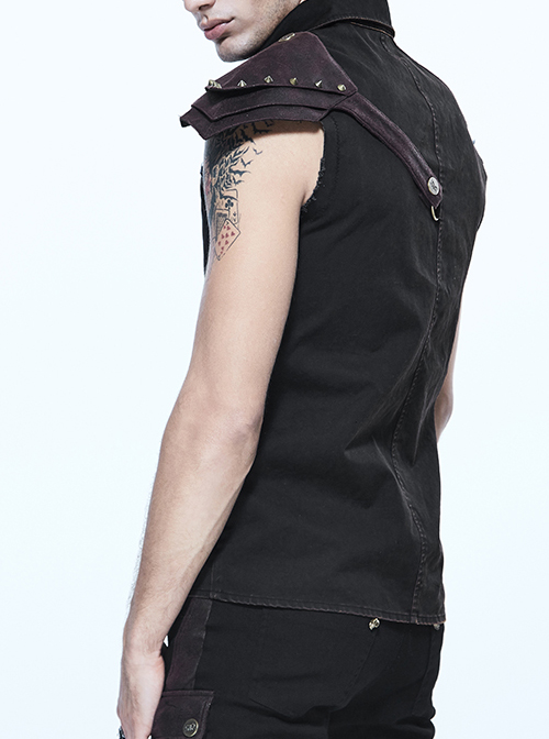 Gothic Rock Lapel Slim Black Or Brown Metal Decoration Men's Sleeveless Shirt