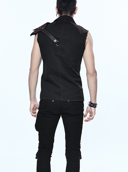 Gothic Rock Lapel Slim Black Or Brown Metal Decoration Men's Sleeveless Shirt