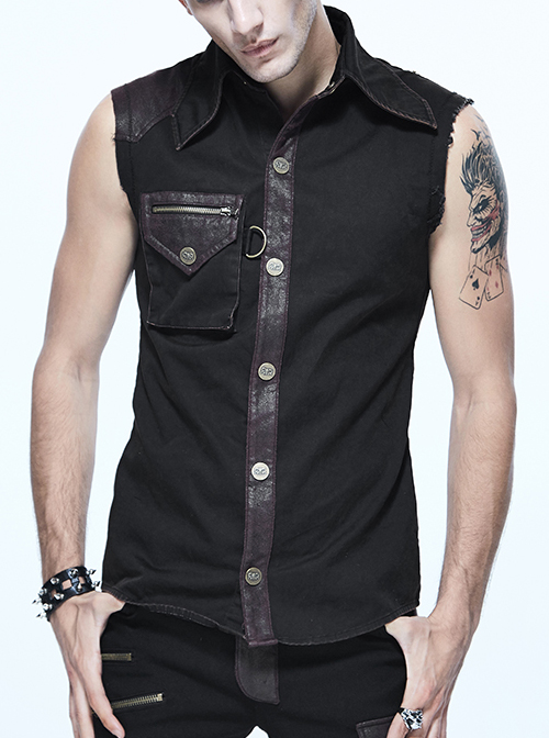 Gothic Rock Lapel Slim Black Or Brown Metal Decoration Men's Sleeveless Shirt