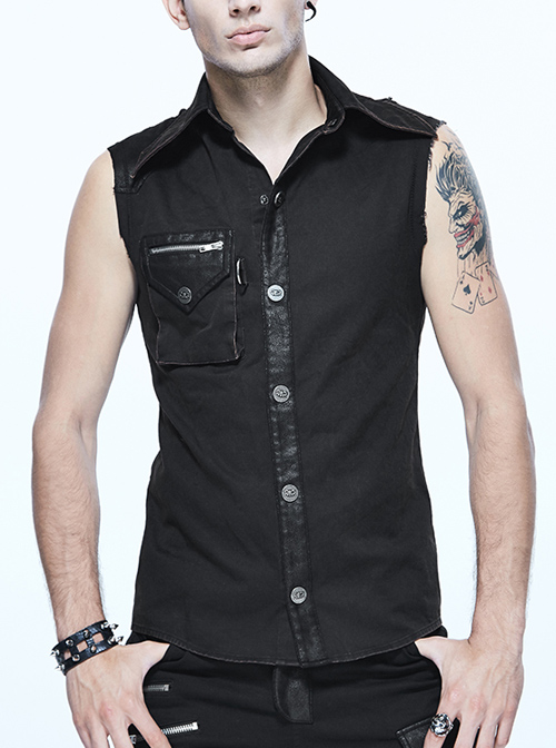 Gothic Rock Lapel Slim Black Or Brown Metal Decoration Men's Sleeveless Shirt