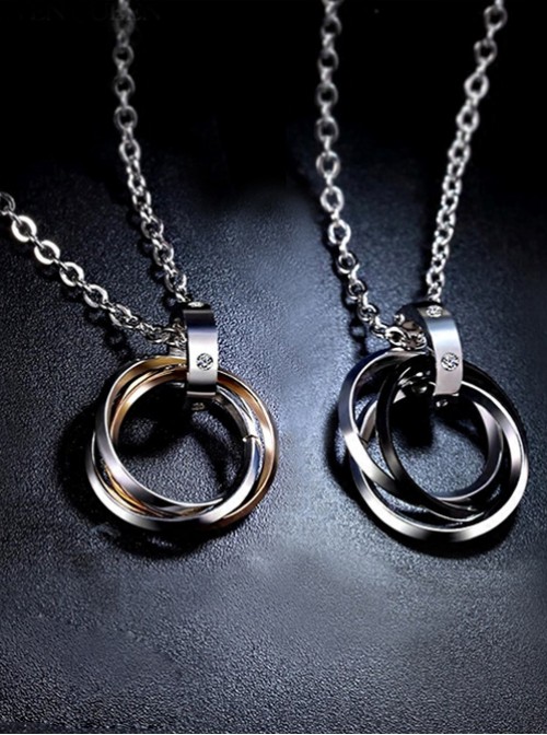 Concise And Retro Black And Golden Ring Pendants Lovers' Necklaces