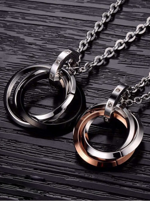 Concise And Retro Black And Golden Ring Pendants Lovers' Necklaces