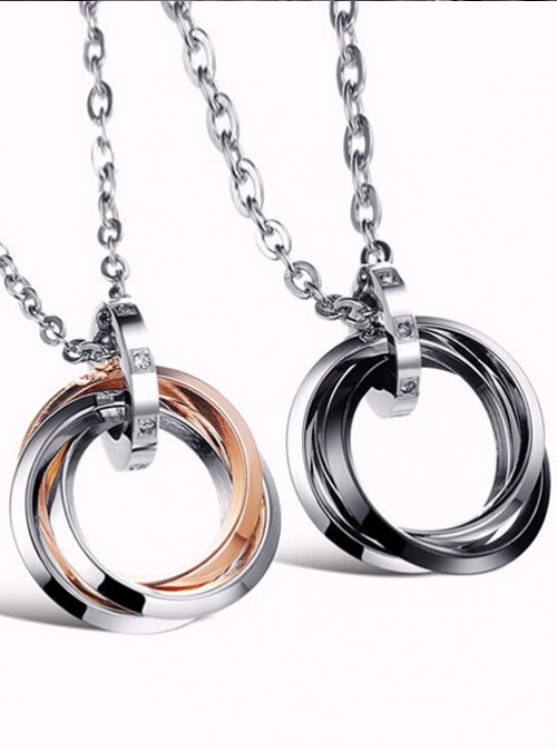 Concise And Retro Black And Golden Ring Pendants Lovers' Necklaces