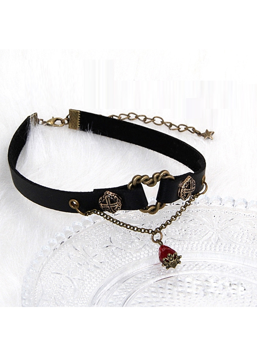 Steam Punk Gothic Bleeding Heart Red Crystal Retro Rivet PU Choker