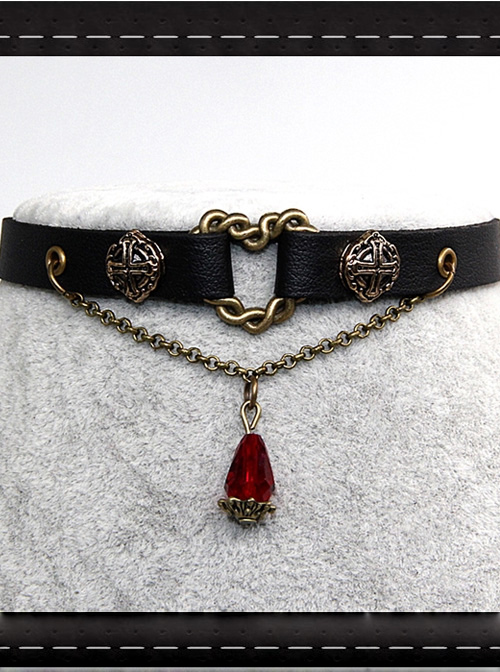 Steam Punk Gothic Bleeding Heart Red Crystal Retro Rivet PU Choker