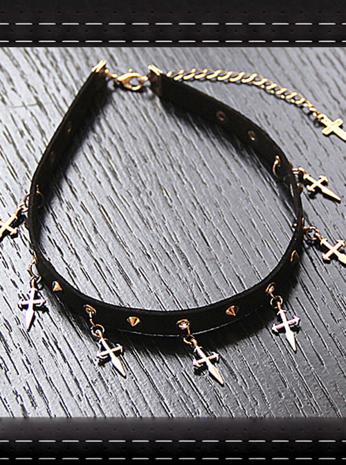 Punk Gothic Harajuku Rock Style Rivet Silvery Cross Pendant PU Choker