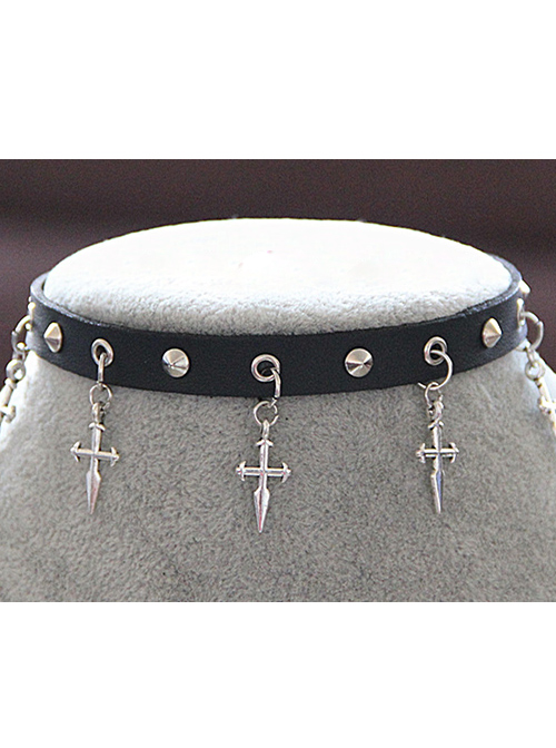 Punk Gothic Harajuku Rock Style Rivet Silvery Cross Pendant PU Choker