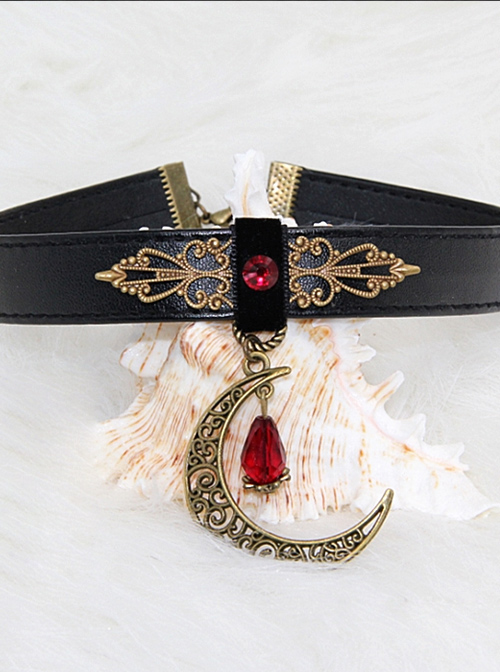 Gothic Retro Rock Style Blood Red Crystal Moon Pendant PU Choker