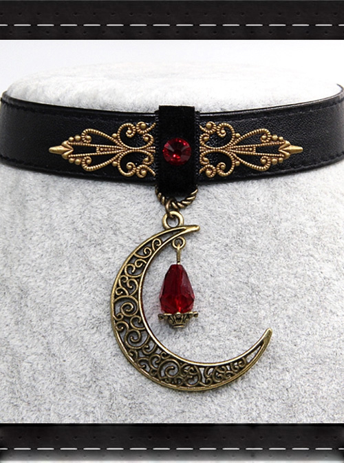 Gothic Retro Rock Style Blood Red Crystal Moon Pendant PU Choker