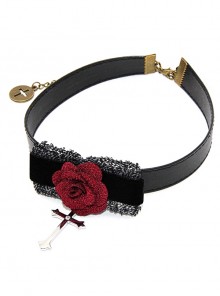 Elegance Gothic Rose Cross Pendant  PU Choker