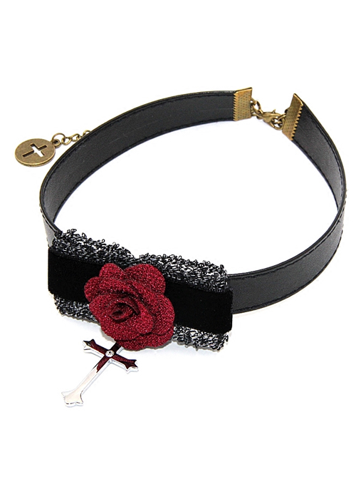 Elegance Gothic Rose Cross Pendant  PU Choker