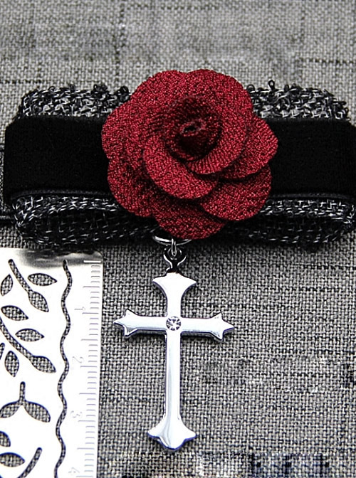 Elegance Gothic Rose Cross Pendant  PU Choker