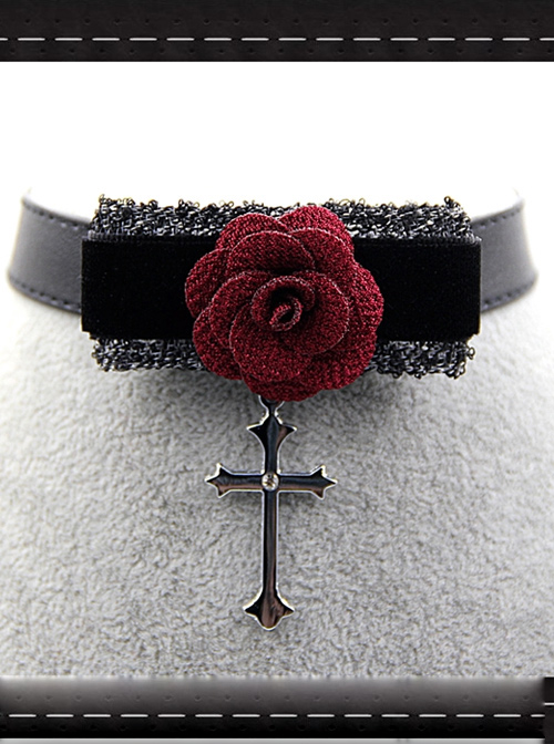 Elegance Gothic Rose Cross Pendant  PU Choker