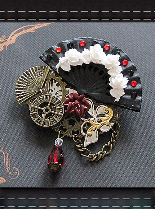 Steam Punk Gothic Flower Fan Gear Butterfly Astrolabe Mechanical Chain Brooch