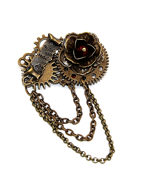 Steampunk Gear Chain Rose Vows Contract Reel Retro Brooch