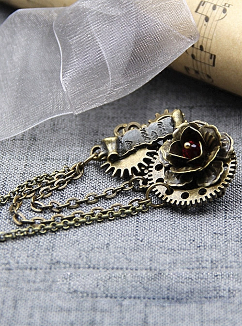 Steampunk Gear Chain Rose Vows Contract Reel Retro Brooch