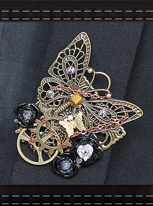 Steampunk Black Rose Retro Mechanical Butterfly Gear Brooch