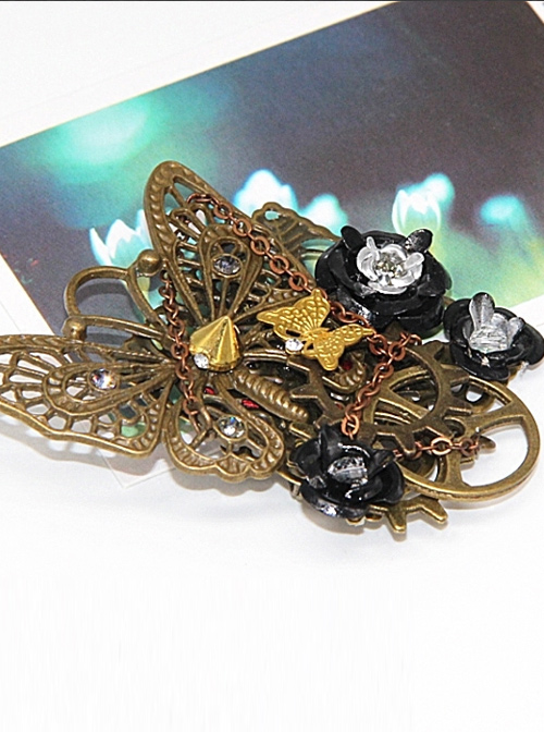 Steampunk Black Rose Retro Mechanical Butterfly Gear Brooch