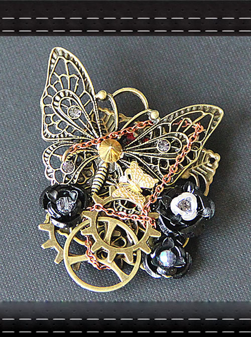 Steampunk Black Rose Retro Mechanical Butterfly Gear Brooch