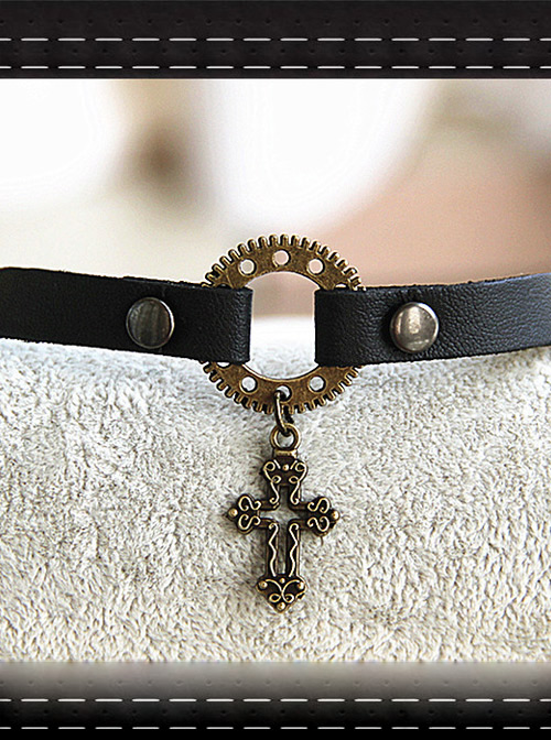 Steampunk Gothic Hollow Out Crucifix Pendant Rivet Gear PU Leather Necklace