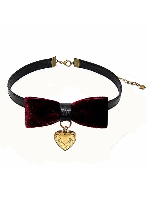 Retro Gothic Wine Red Gold-velour Bowknot Heart-shaped Pendant PU Leather Necklace